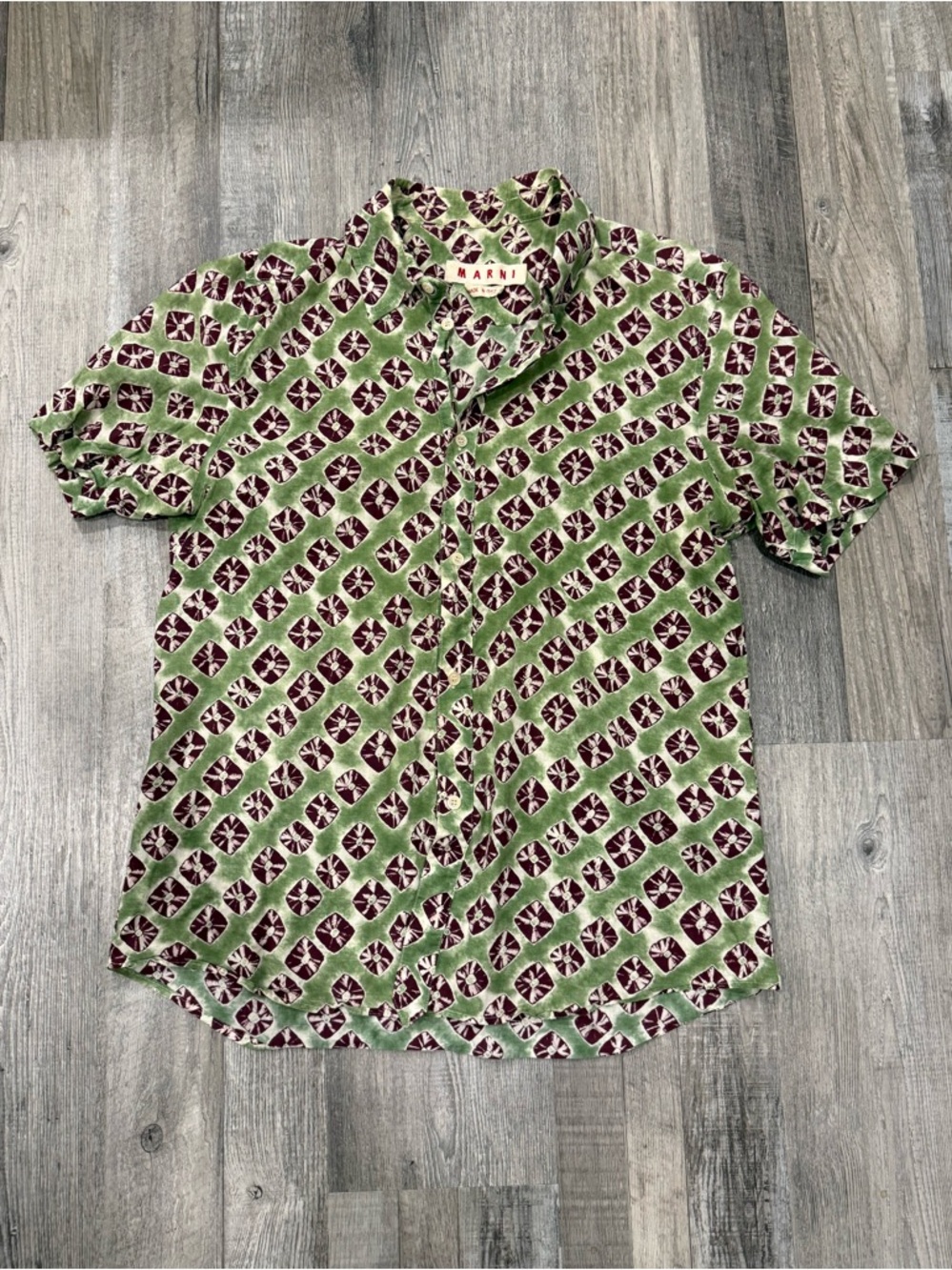 MARNI Men's Short Sleeve Button Down Patterned Shirt - Green/Burgundy